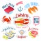 Set of colorful cartoon seafood labels: tuna, salmon, lobster, oysters and shrimps, isolated on white.