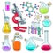 Set colorful of chemical laboratory equipment, test tubes, flasks with colored liquid, microscope and molecules.