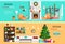 Set of colorful Christmas interior design house rooms with furniture icons. Christmas wreath, Christmas tree, fireplace. Flat styl