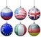 Set of colorful Christmas tree vector ornament balls with USA Russia Great Britain flags with ball chain ribbon. US England Europe