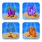Set of colorful corals and algae on a blue background. Natural underwater vector illustration. Cartoon style, isolated