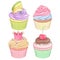 A set of colorful cupcakes isolated on white background.