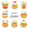 Set of colorful and cute baskets full of Easter eggs and flowers