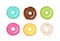 Set of colorful decorated delicious cartoon vector donuts isolated on white background