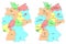 Set of colorful detailed maps of Germany with names of federal states and their capitals.