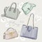 Set of Colorful fashion women's handbags. Vintage style. Hand drawn doodle fashion accessories. Fashion illustration