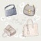 Set of Colorful fashion women's handbags. Vintage style. Hand drawn doodle fashion accessories. Fashion illustration