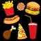 A set of colorful fast food in the form of characters. Hotdog, cheeseburger or hamburger, a glass of soda, French fries, ham.