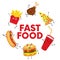 A set of colorful fast food in the form of characters. Hotdog, cheeseburger or hamburger, a glass of soda, French fries, ham, a sl