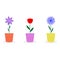 Set of colorful flowers in pots. Bright flat plants in flowerpots. Beautiful vector