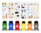 Set of colorful garbage cans with sorted garbage on white background