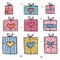 Set colorful gift boxes heart decorations various patterns, handdrawn style. Cute presents