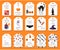 A set of colorful gift tags with Halloween symbols and lettering phrases. A haunted house, a ghost, poison, a jar with eyes, a