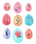 Set of colorful hand drawn easter eggs with floral ornaments. Watercolor illustration isolated on white background. Happy Easter