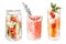 Set of colorful hand-drawn illustrations of delicious fsummer cocktails with fresh fruits and ice in a beautiful glasses. Healthy