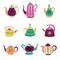 Set of colorful hand drawn teapots