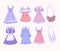 Set of colorful hand-drawn young girl dress outfit with teddy bear and bunny bag