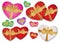 Set colorful hearts tied gold ribbon with a bow. Box in the shape of a heart. Vector