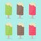 Set of colorful ice-cream vanilla lemon chocolate strawberry flavors on wooden stick. Flat design.