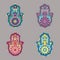 Set of colorful isolated lineless hamsa hands illustrations