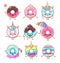 Set of colorful kawaii funny donuts. Sweet fast food