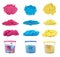 Set with colorful kinetic sand on white background