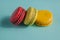 Set of colorful macaroons stacked on each other in blue turquoise pastel isolated background.