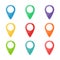 Set of colorful map pins. Mark, pointer pictogram. Location icon. Concept of pinpoint button