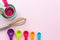 Set of colorful measuring cups, measuring spoons and whisk use in cooking process