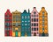 Set of colorful old hand drawn european multistory buildings