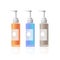 Set colorful plastic bottles with push valve for liquid cream soap realistic packages collection beauty spa products