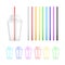 Set of colorful plastic empty disposable cup and colorful straws. Vector illustration isolated on white background