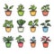 Set colorful potted plants illustrations, various houseplants pots, indoor plant decor. Handdrawn