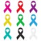 Set, colorful realistic ribbons on white background. Symbol ribbons for awareness with shadow.