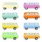 Set of colorful retro travel buses. Cartoon hippie vans in different colors isolated on a white background.