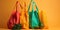 A set of colorful, reusable shopping bags displayed on a bright background, promoting eco-friendliness, concept of