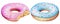 A set of colorful round delicious donuts with fruit glaze, a nibbled donut. hand-drawn with colored pencils