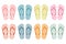 A set of colorful rubber flip flops in different colors. Illustration of summer shoes, top view of slippers. Pool shoes.