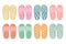 A set of colorful rubber flip flops in different colors. Illustration of summer shoes, top view of slippers. Pool shoes.