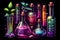 A set of colorful scientific tubes and flasks on a dark background, showcasing the beauty of science and experimentation