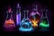 A set of colorful scientific tubes and flasks on a dark background, showcasing the beauty of science and experimentation