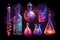 A set of colorful scientific tubes and flasks on a dark background, showcasing the beauty of science and experimentation