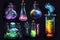 A set of colorful scientific tubes and flasks on a dark background, showcasing the beauty of science and experimentation