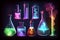 A set of colorful scientific tubes and flasks on a dark background, showcasing the beauty of science and experimentation