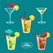 Set of colorful sketch of alcohol cocktails and other drinks