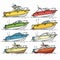 Set colorful speedboats illustrations isolated white, multiple views colors, modern watercraft