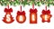 Set colorful stickers, labels for holiday Christmas sales and New Year on ribbons with red bows hanging on Christmas tree isolated