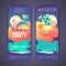 Set Colorful summer disco party posters with fluorescent tropic leaves, pineapple and flamingo. Invitation design.
