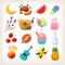 Set of colorful summer picnic icons ice creams fruit and flowers. Items you take to an outdoors party. Isolated vector clip arts