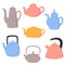 Set of colorful teapots and kettles. Kitchen utensil. Doodle flat style.